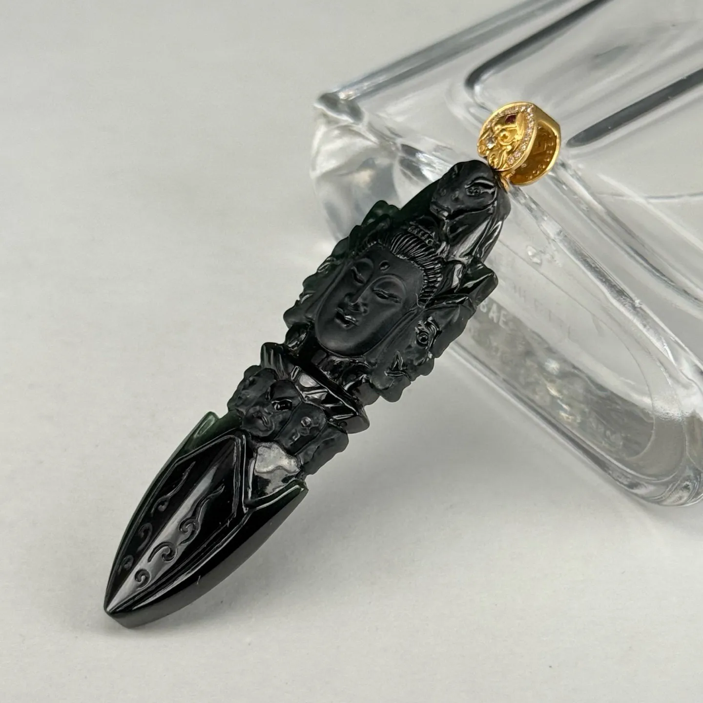 精品18k墨翠降魔杵 种好色正 黑度极好 打灯通透 油性十足  尺寸61.2