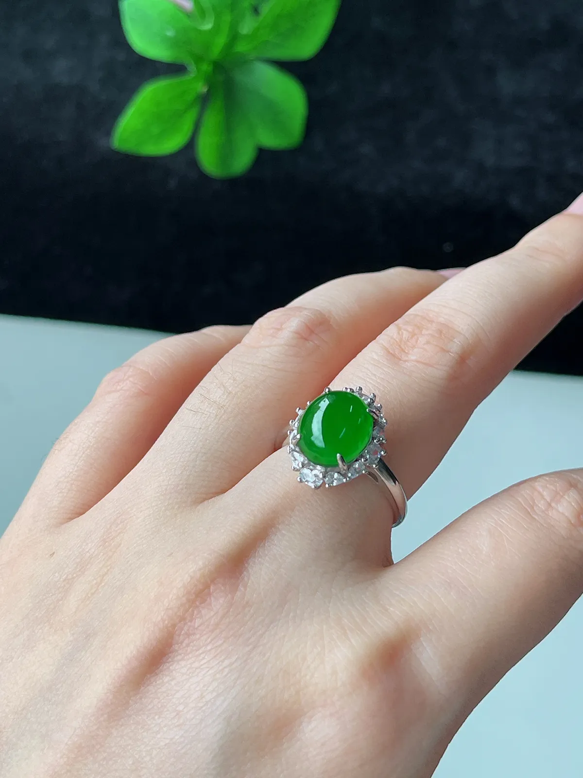 天然满绿翡翠蛋面精品戒指S925银