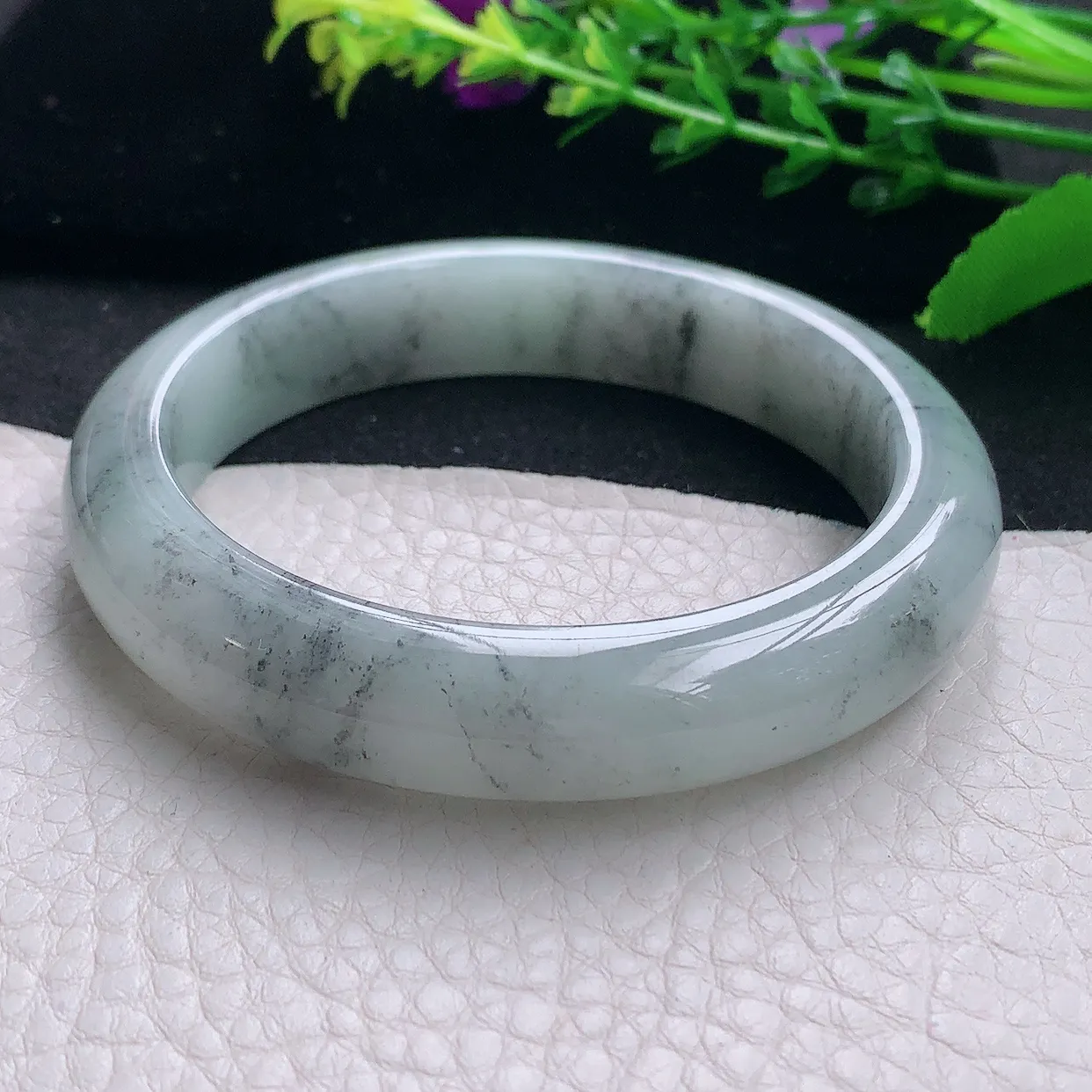 hh自然光57.5*12.5*8.5平安镯 天然缅甸翡翠a 货冰润灵动水墨画般宽边玉镯子