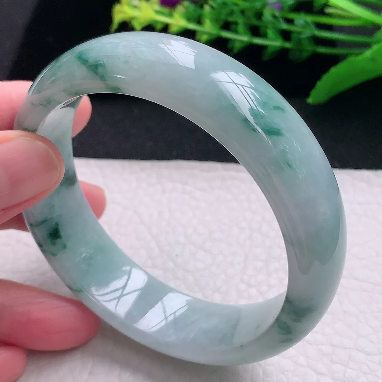 hh大圈口60.5*18*8.2轮胎镯 天然缅甸翡翠a 货飘花大气宽边玉镯子