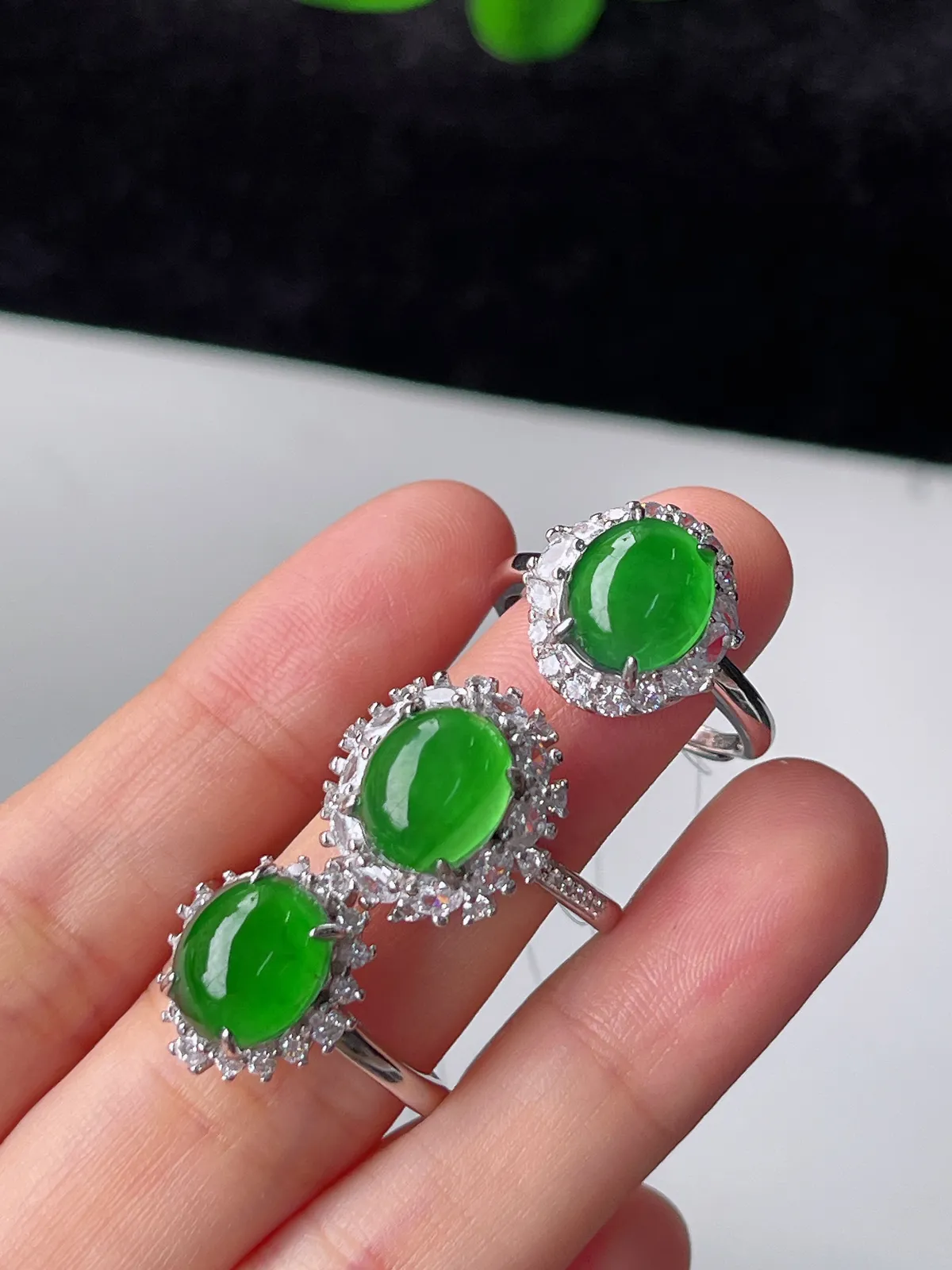 天然满绿翡翠蛋面戒指S925银（取一）