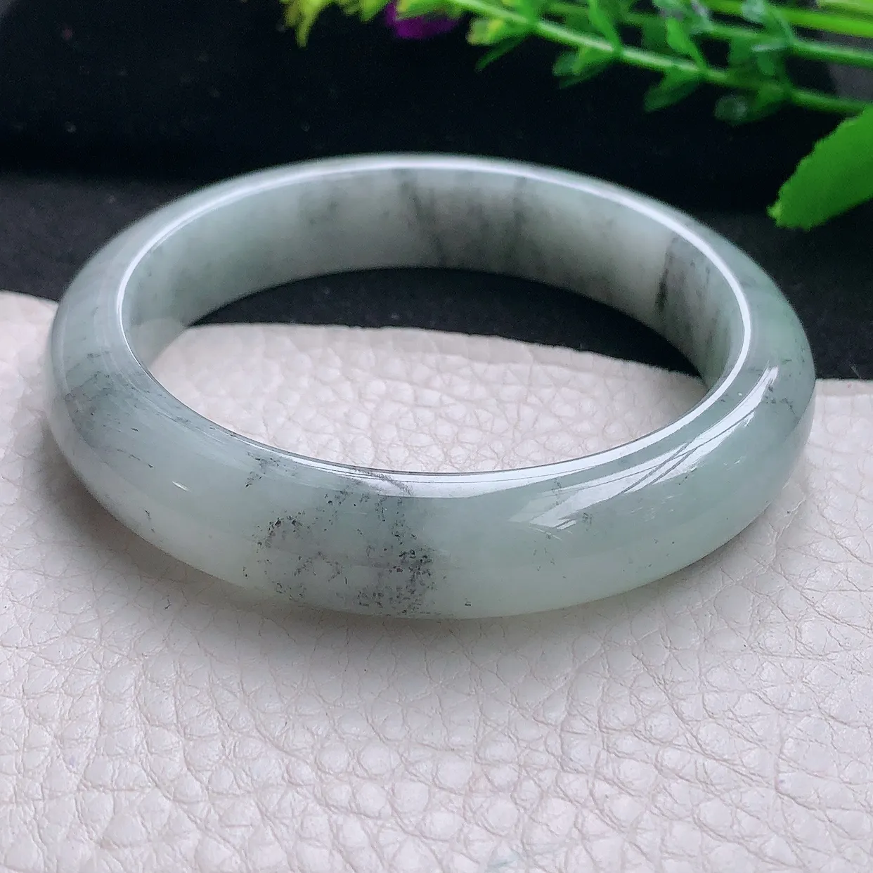 hh自然光57.5*12.5*8.5平安镯 天然缅甸翡翠a 货冰润灵动水墨画般宽边玉镯子