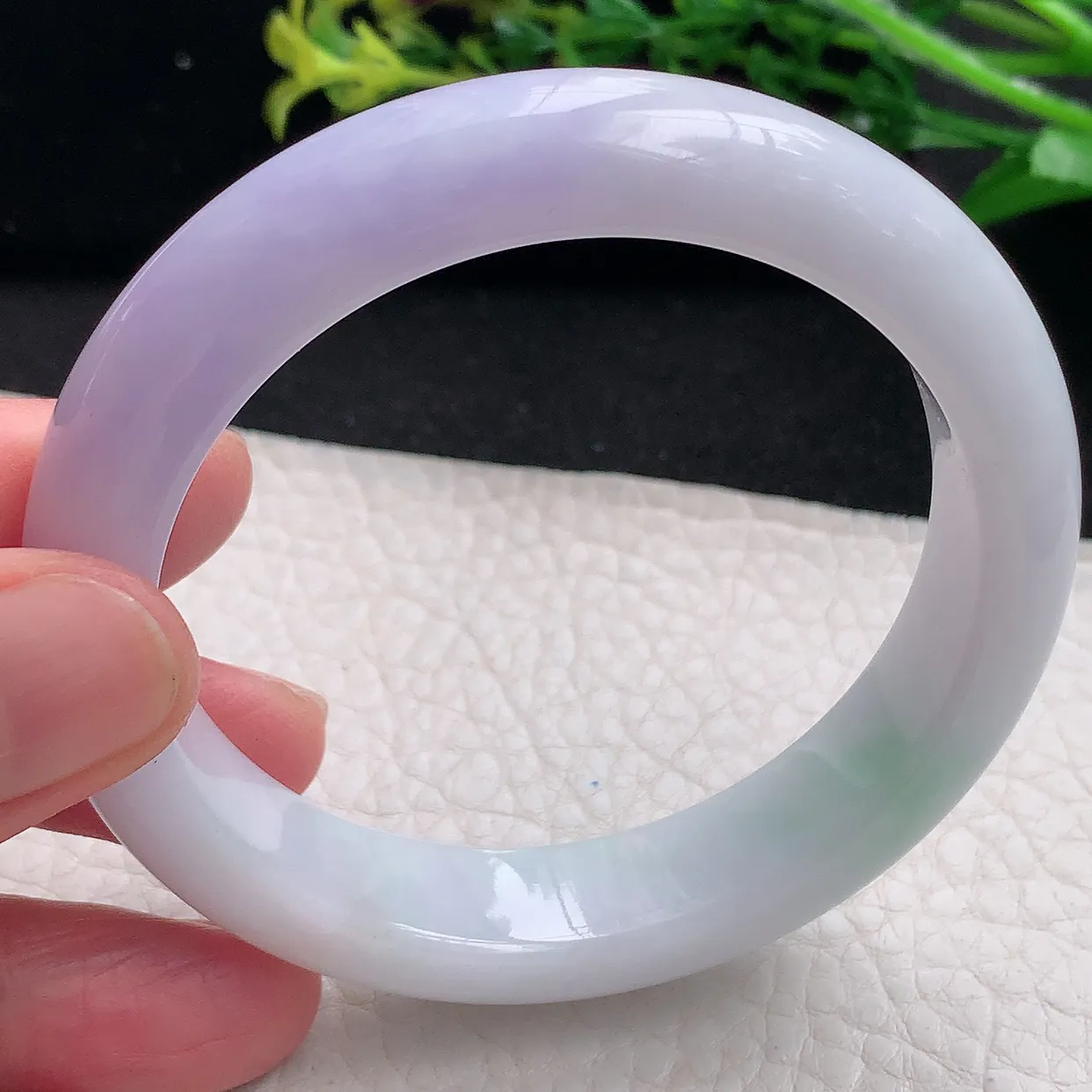 z自然光55.5*12.5*8.5平安镯 天然缅甸翡翠a 货春带彩边玉镯子 玉手环