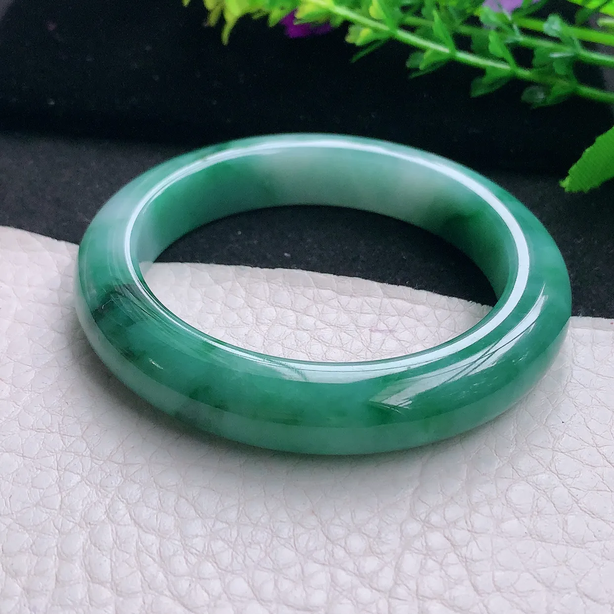 hy小圈口51.5*11*9.2平安镯 天然缅甸翡翠a货独特蓝花宽边玉镯子