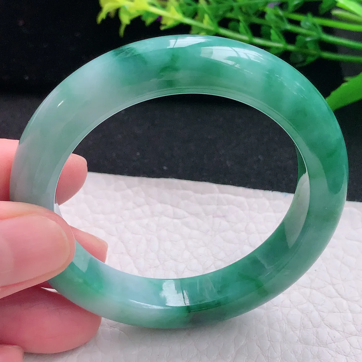 hy小圈口51.5*11*9.2平安镯 天然缅甸翡翠a货独特蓝花宽边玉镯子