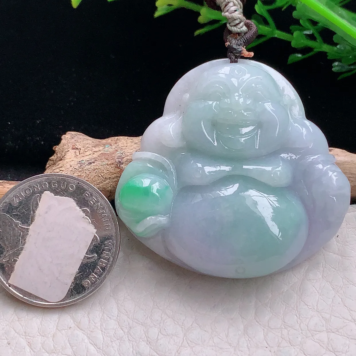 zen自然光42.8*44.6*11天然缅甸翡翠春带彩大佛公 弥勒佛玉吊坠 毛衣坠