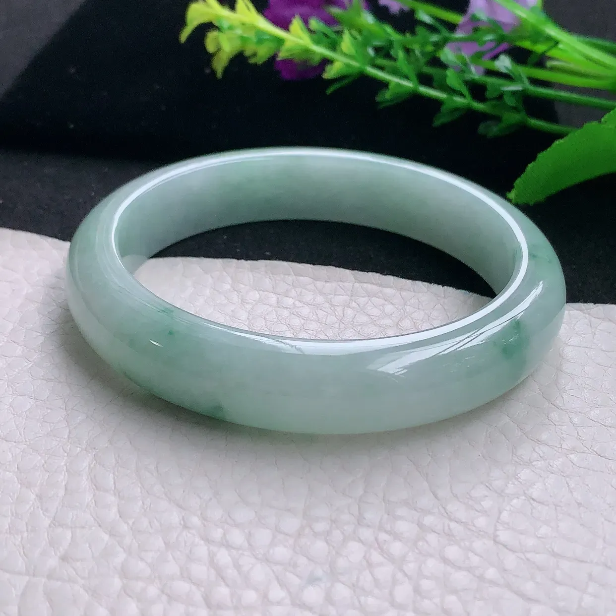 ll大圈口60*12.8*7.8平安镯 天然缅甸翡翠a 货冰飘花宽边玉镯子