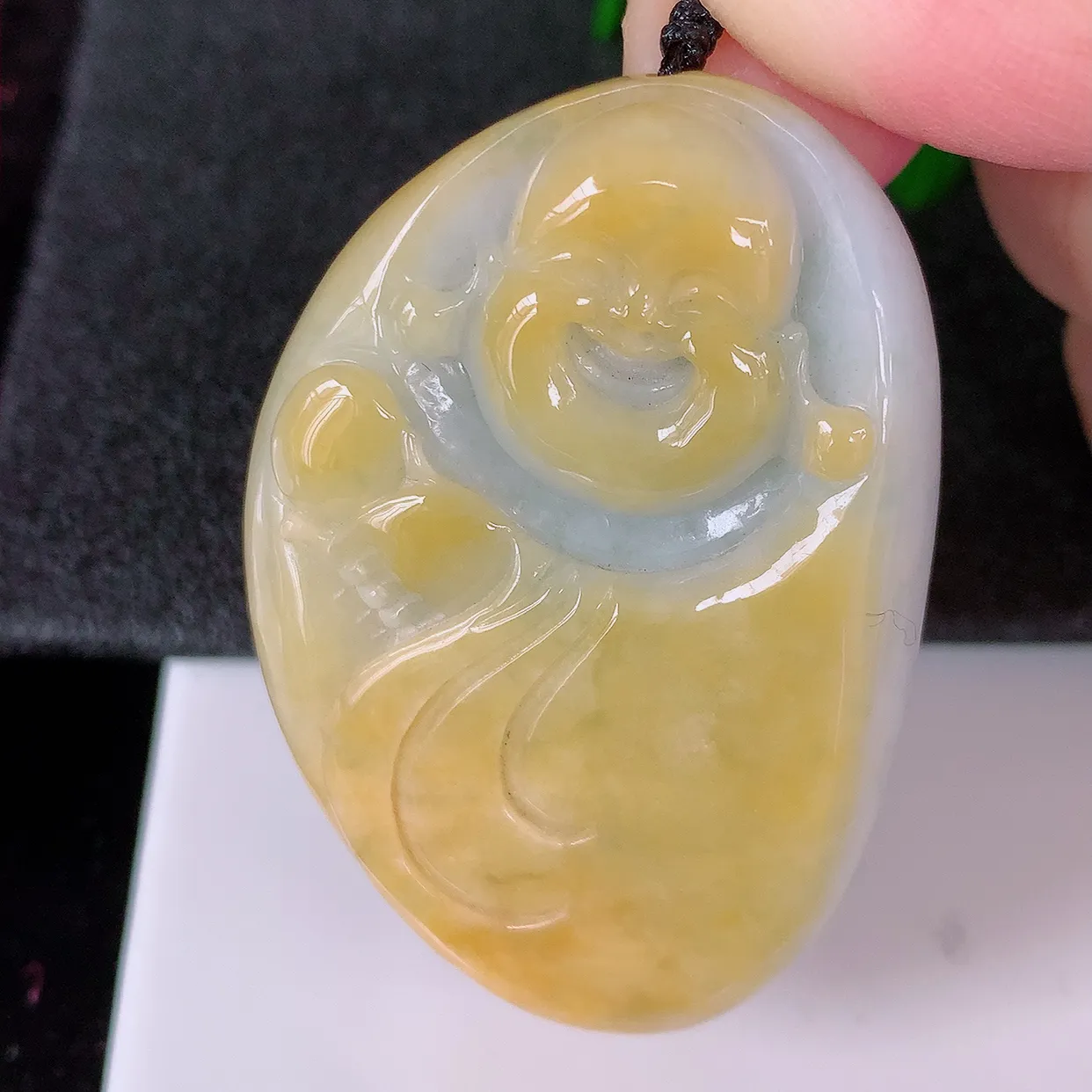 自然光实拍，冰润黄翡双彩翡翠逍遥布袋佛吊坠，代代有钱，水足丰盈，盈满欢喜，配戴送礼佳品！#41.2