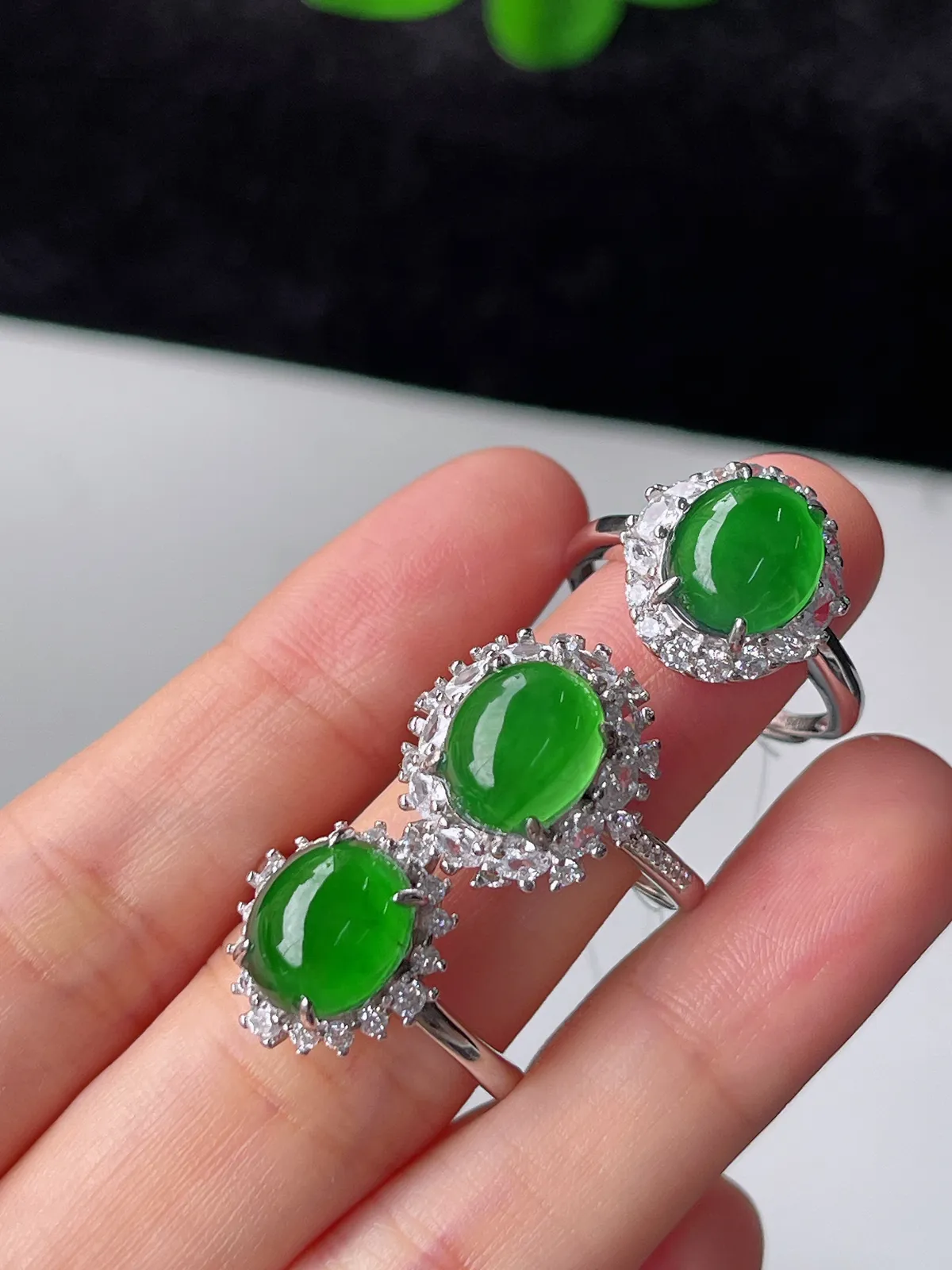 天然满绿翡翠蛋面戒指S925银（取一）