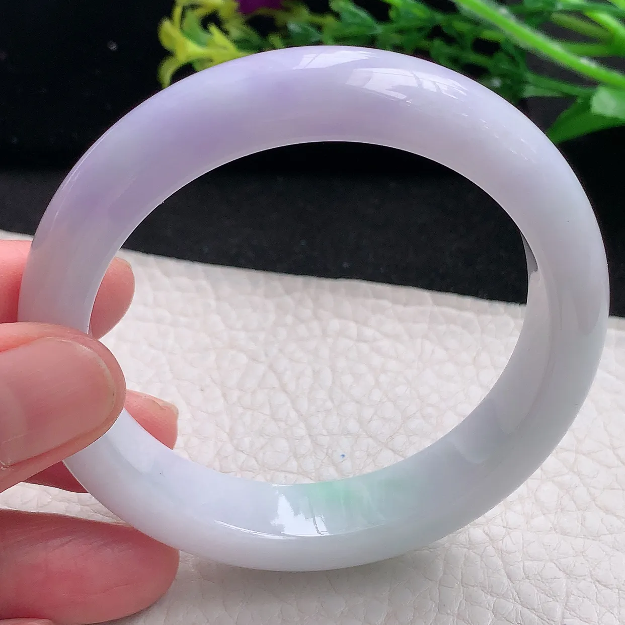 z自然光55.5*12.5*8.5平安镯 天然缅甸翡翠a 货春带彩边玉镯子 玉手环