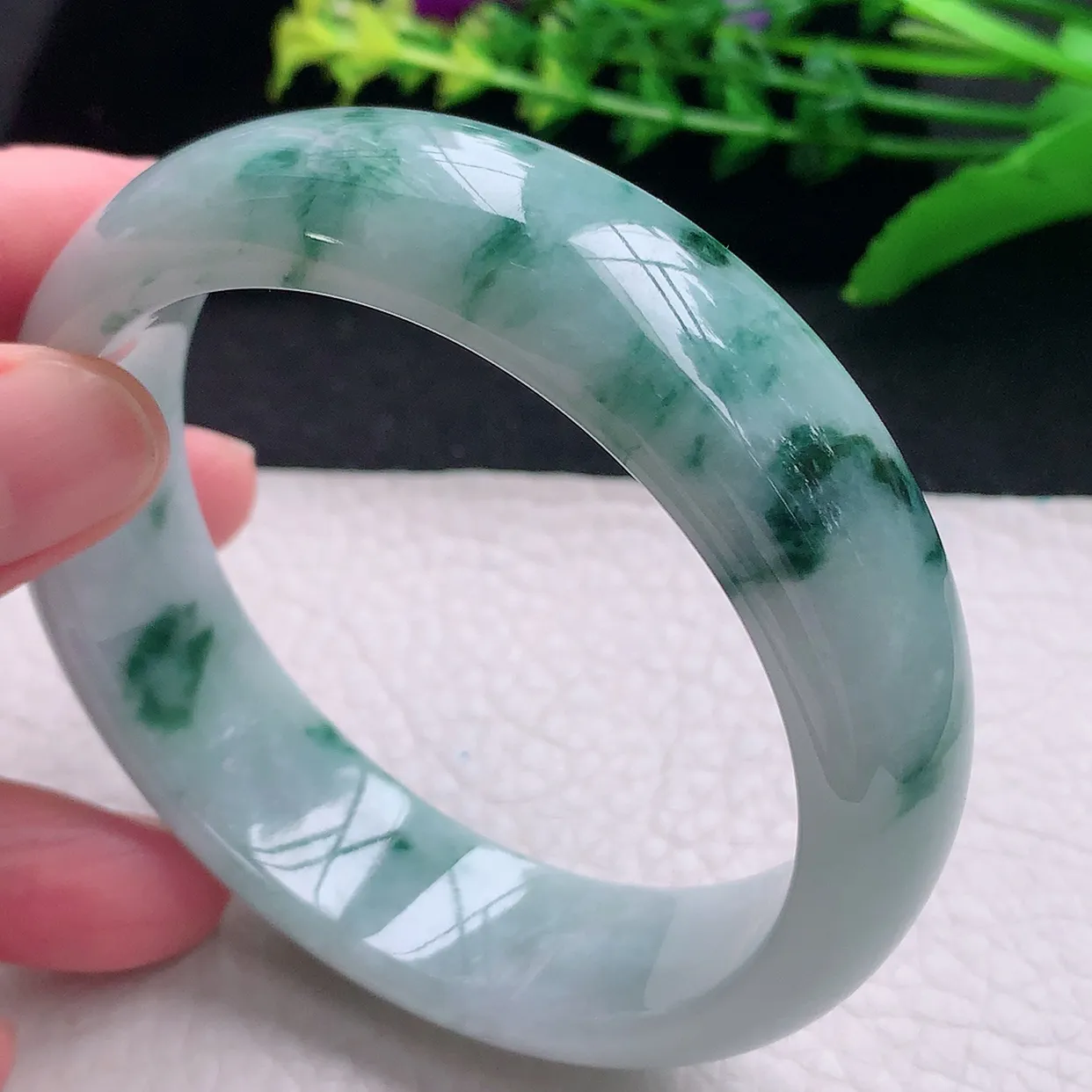 hh大圈口60.5*18*8.2轮胎镯 天然缅甸翡翠a 货飘花大气宽边玉镯子