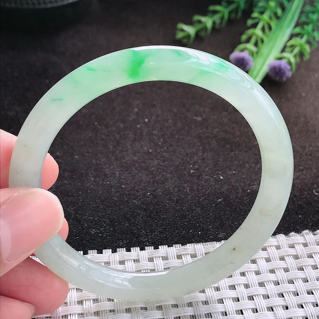 自然光54.5/7.5/7.7老坑冰透果冻胶飘阳绿圆条手镯翡翠玉镯美人镯