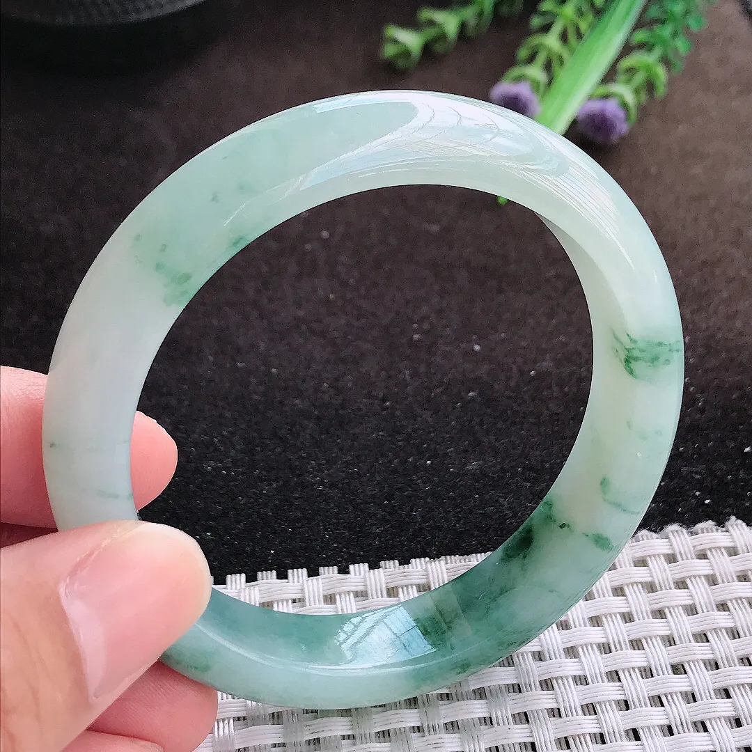天然a货翡翠56.5/12.7/8.2老坑冰润起胶飘花手镯宽边翡翠玉镯美人镯
