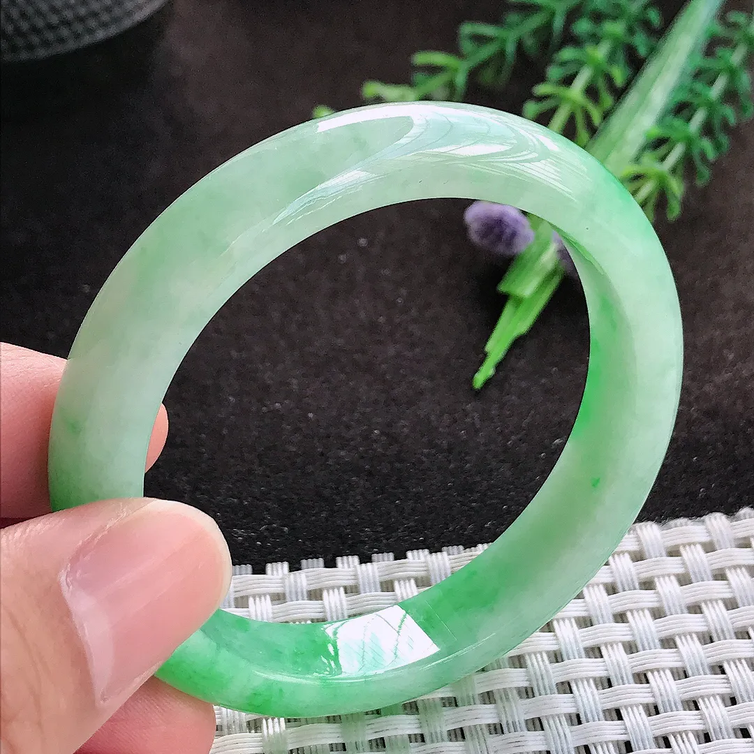 自然光50.5/11.3/7.3小圈口老坑精美飘阳绿手镯宽边翡翠玉镯美人镯