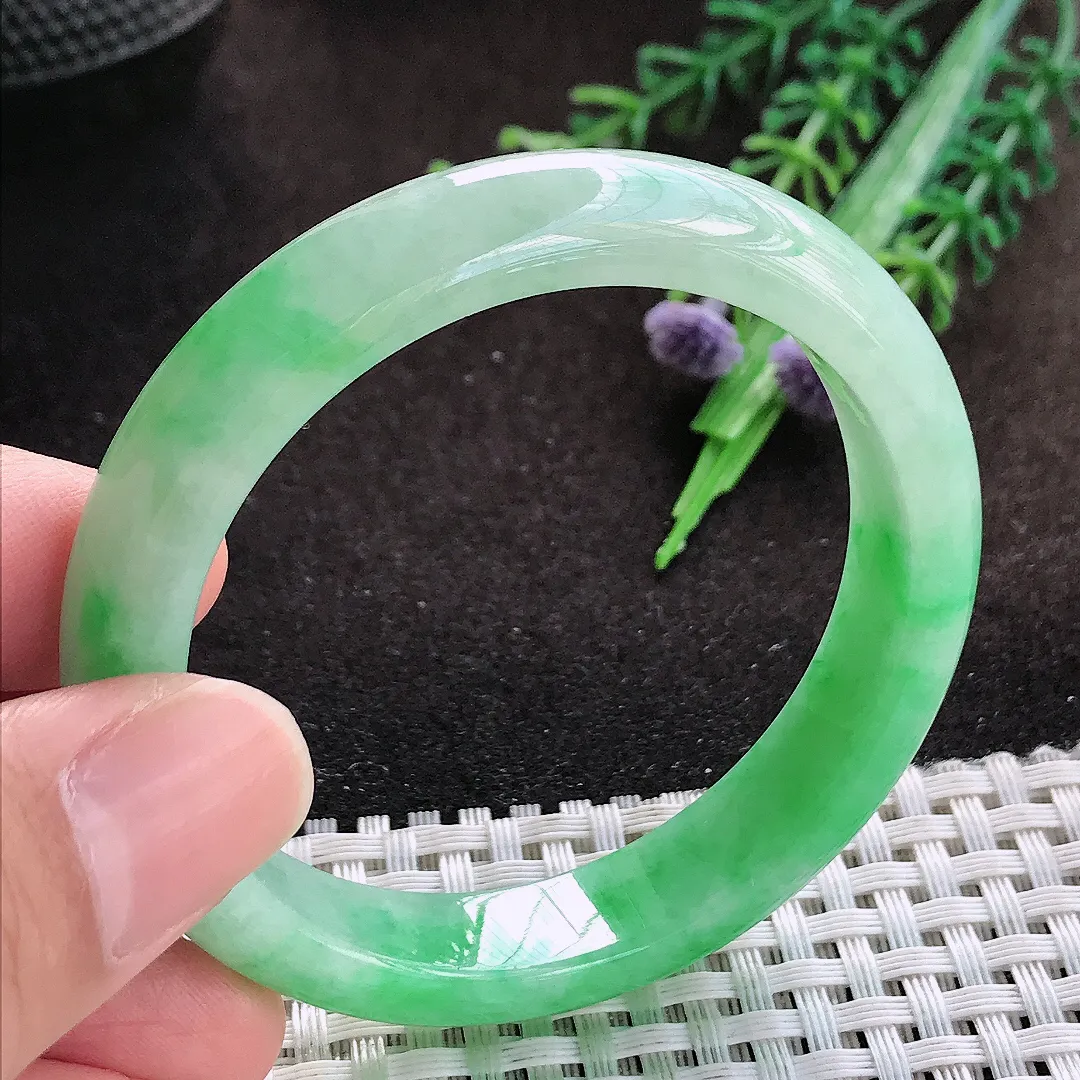 自然光50.5/11.3/7.3小圈口老坑精美飘阳绿手镯宽边翡翠玉镯美人镯