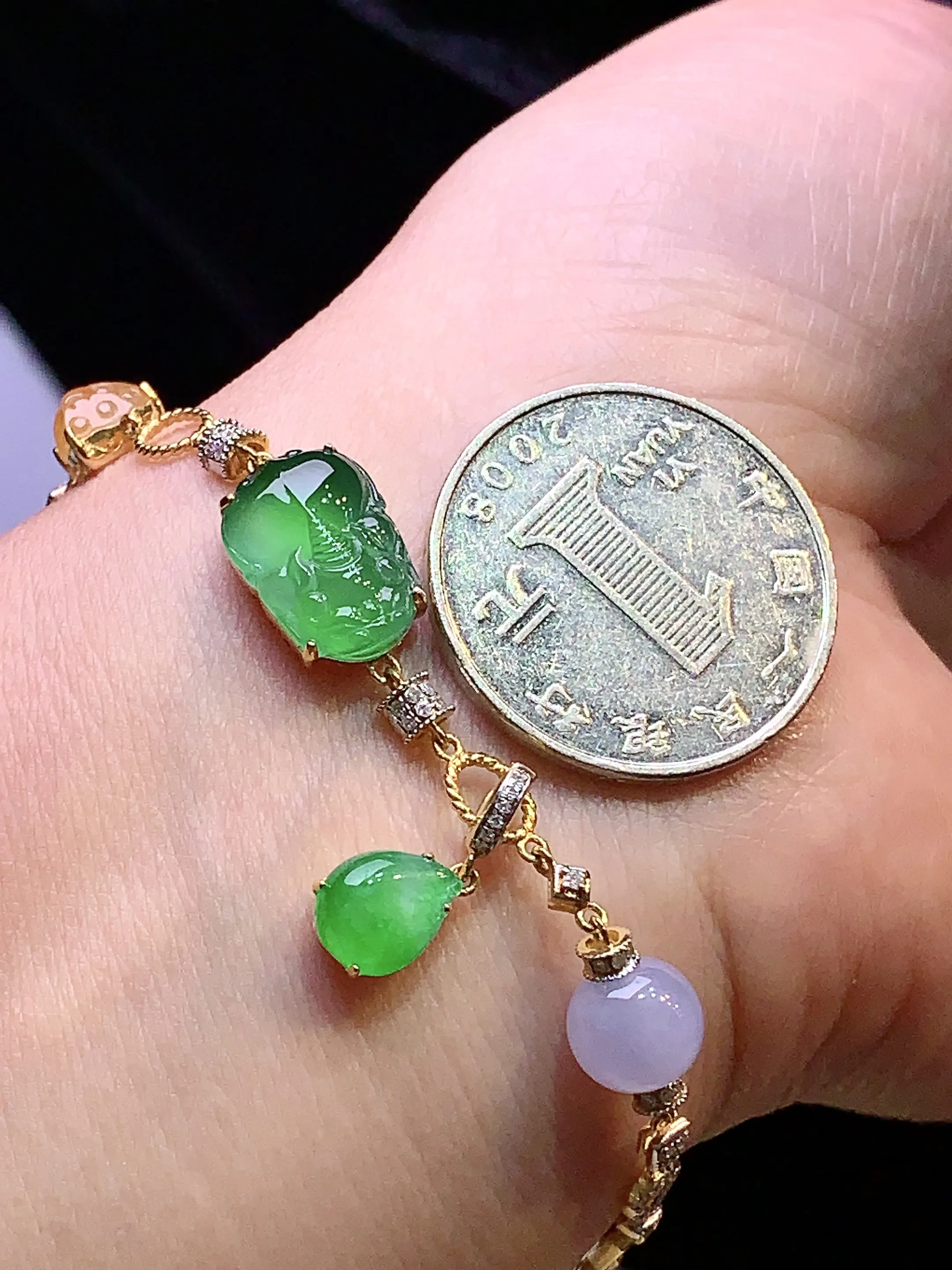 18k金钻镶嵌满绿貔貅手链 玉质细腻 色泽清新艳丽 裸石尺寸13.5*9.5*4.5