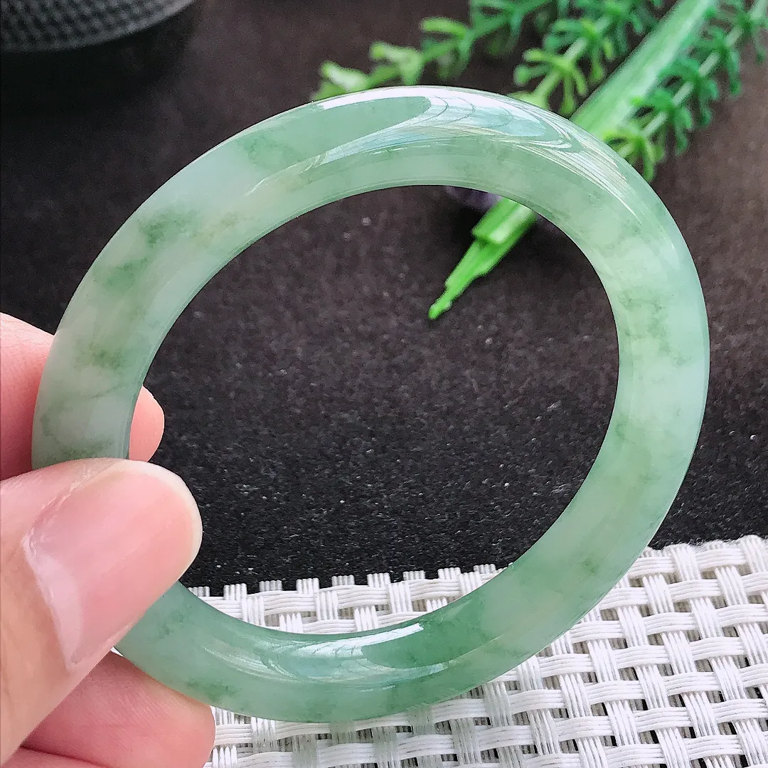 自然光50/8.9/8.6老坑冰胶果冻满绿飘花圆条手镯小圈口翡翠玉镯美人镯
