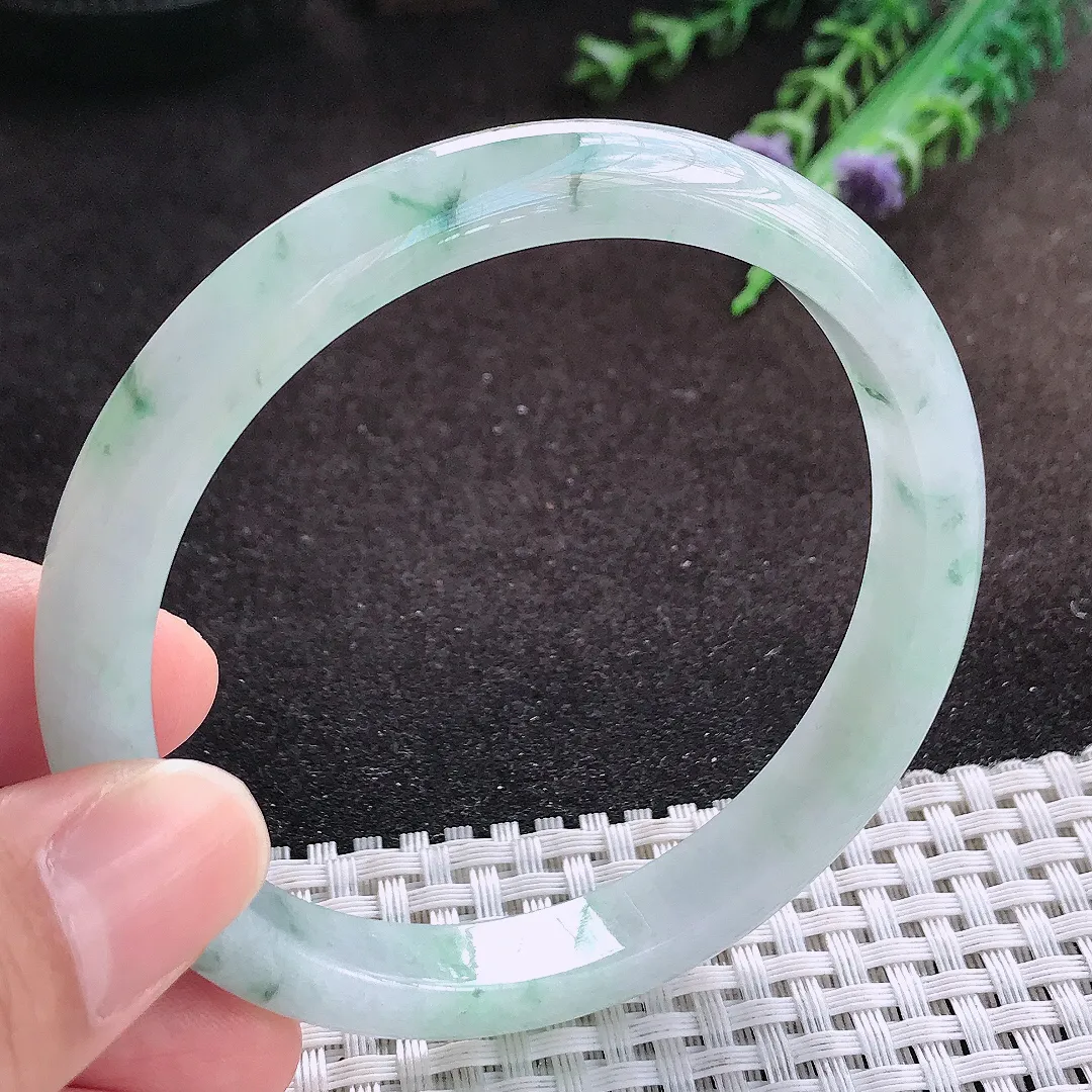 自然光60/9.6/7老坑冰润水灵飘花手镯宽边翡翠玉镯美人镯