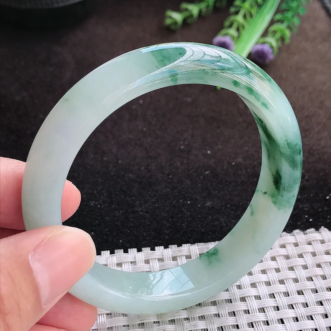 天然a货翡翠56.5/12.7/8.2老坑冰润起胶飘花手镯宽边翡翠玉镯美人镯