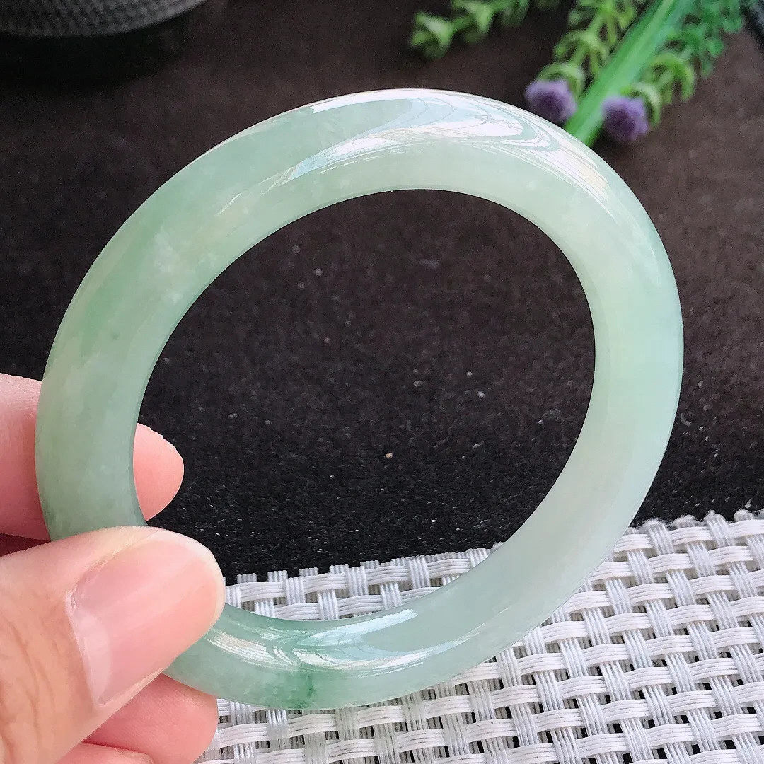 天然a货翡翠54.5/9.8老坑冰胶果冻飘花圆条手镯翡翠玉镯美人镯