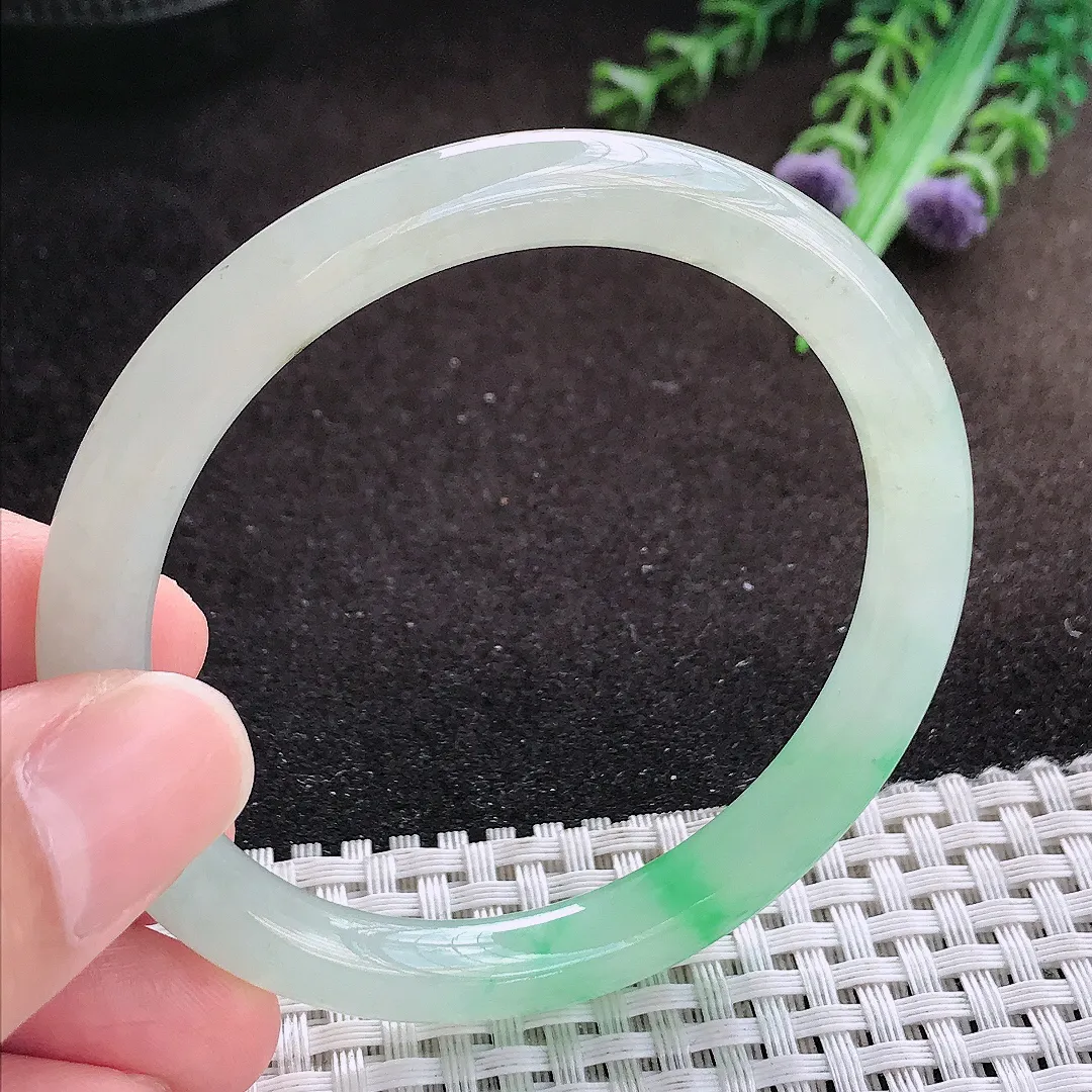 自然光54.5/7.5/7.7老坑冰透果冻胶飘阳绿圆条手镯翡翠玉镯美人镯