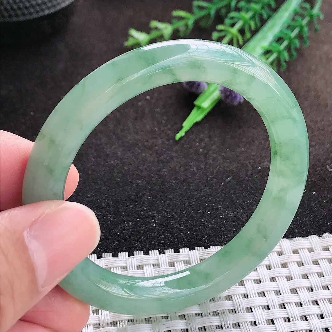 自然光50/8.9/8.6老坑冰胶果冻满绿飘花圆条手镯小圈口翡翠玉镯美人镯