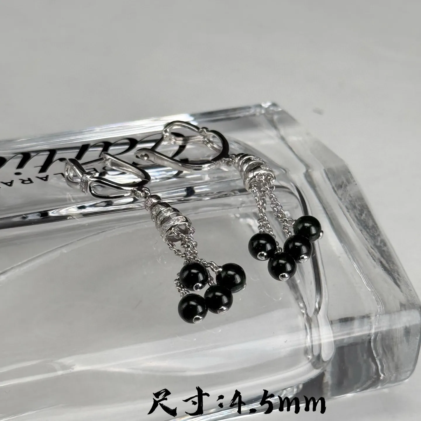 精品18k墨翠珠子耳坠 种好色正 黑度极好 打灯通透 油性十足 尺寸4.5