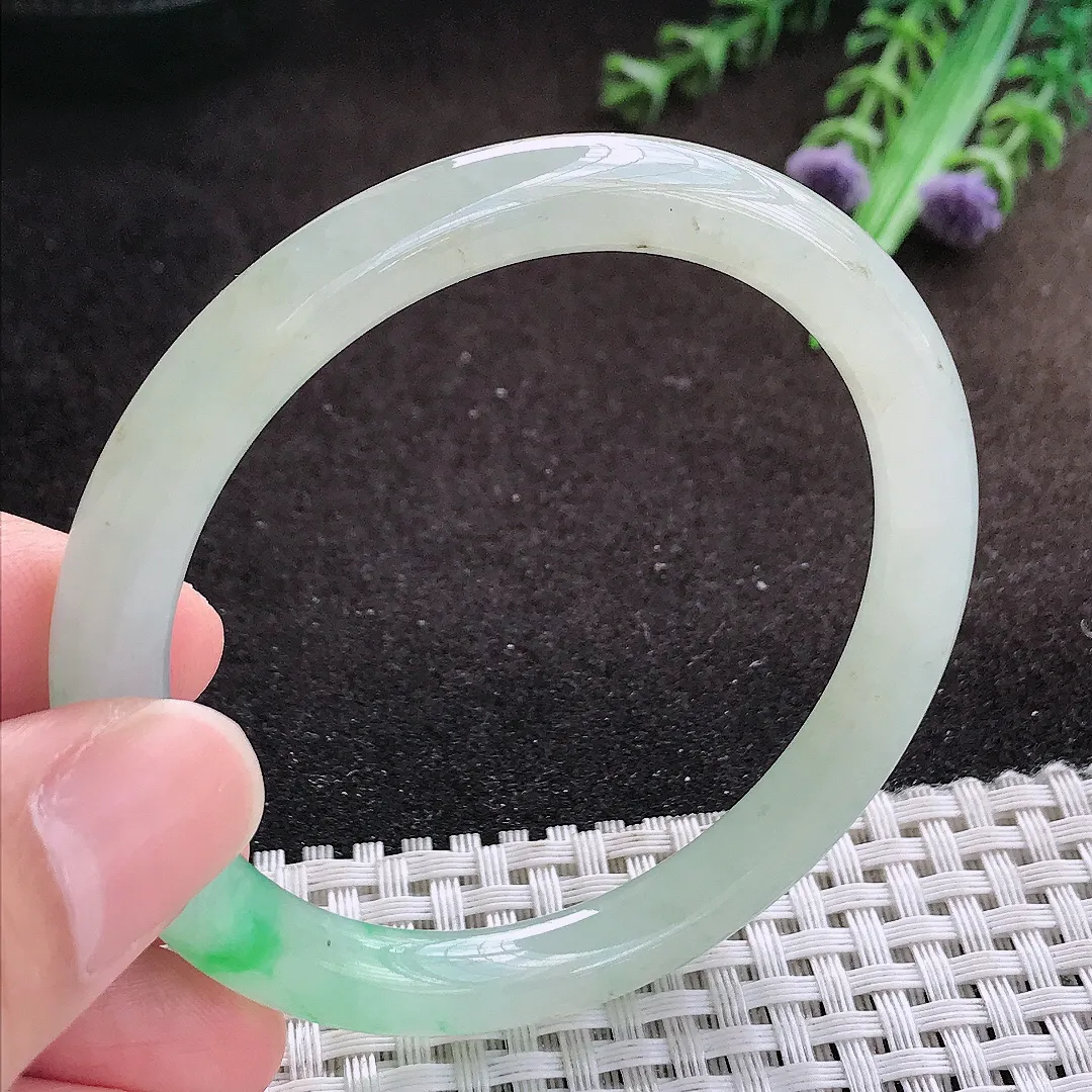 自然光54.5/7.5/7.7老坑冰透果冻胶飘阳绿圆条手镯翡翠玉镯美人镯