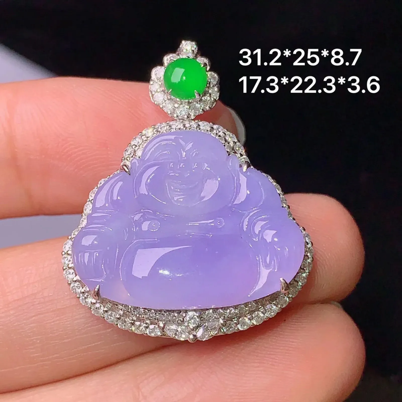 18k金钻镶嵌紫罗兰佛公吊坠 玉质细腻 色泽艳丽  整体尺寸31.2*25*8.7