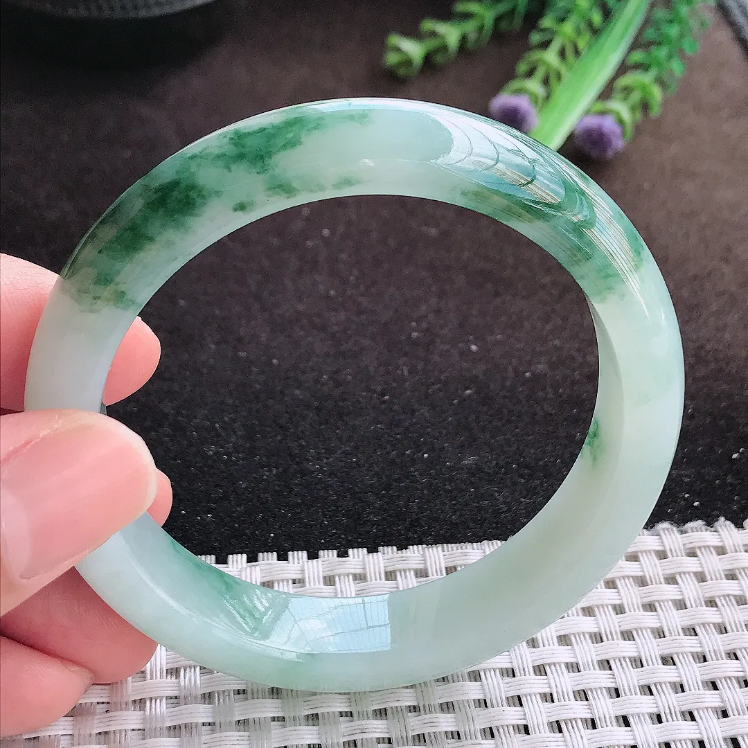 天然a货翡翠56.5/12.7/8.2老坑冰润起胶飘花手镯宽边翡翠玉镯美人镯