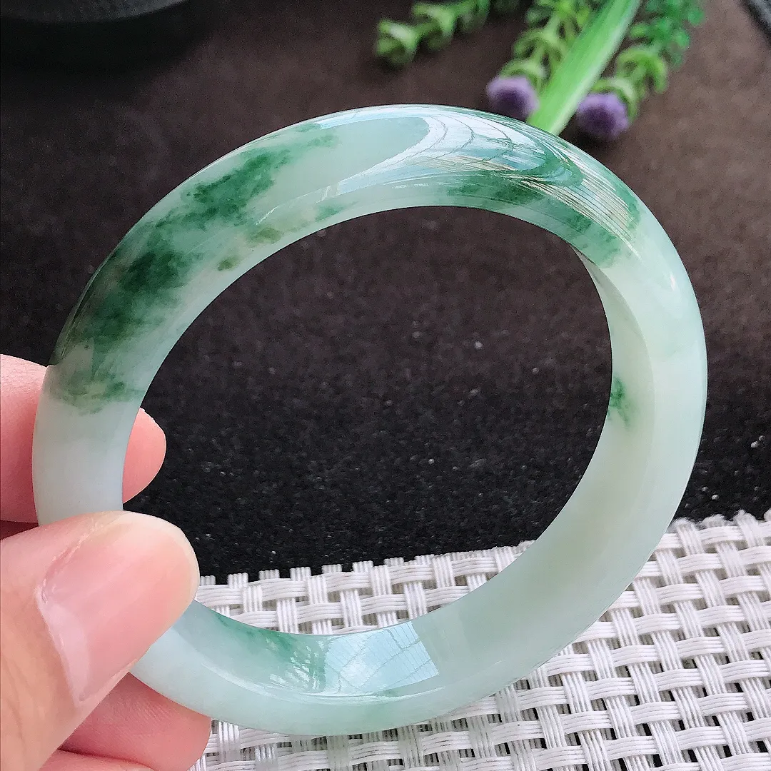 天然a货翡翠56.5/12.7/8.2老坑冰润起胶飘花手镯宽边翡翠玉镯美人镯