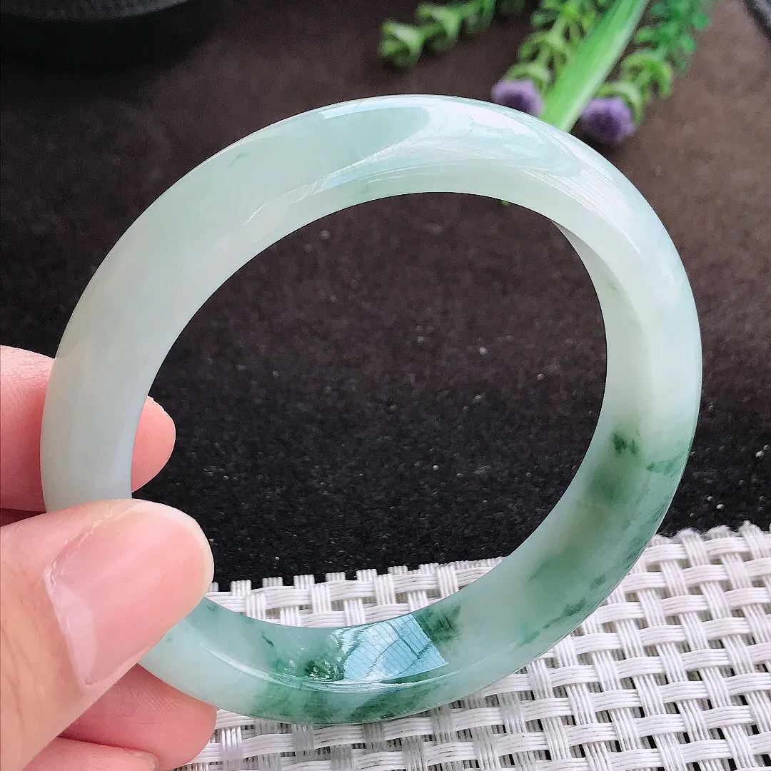 天然a货翡翠56.5/12.7/8.2老坑冰润起胶飘花手镯宽边翡翠玉镯美人镯
