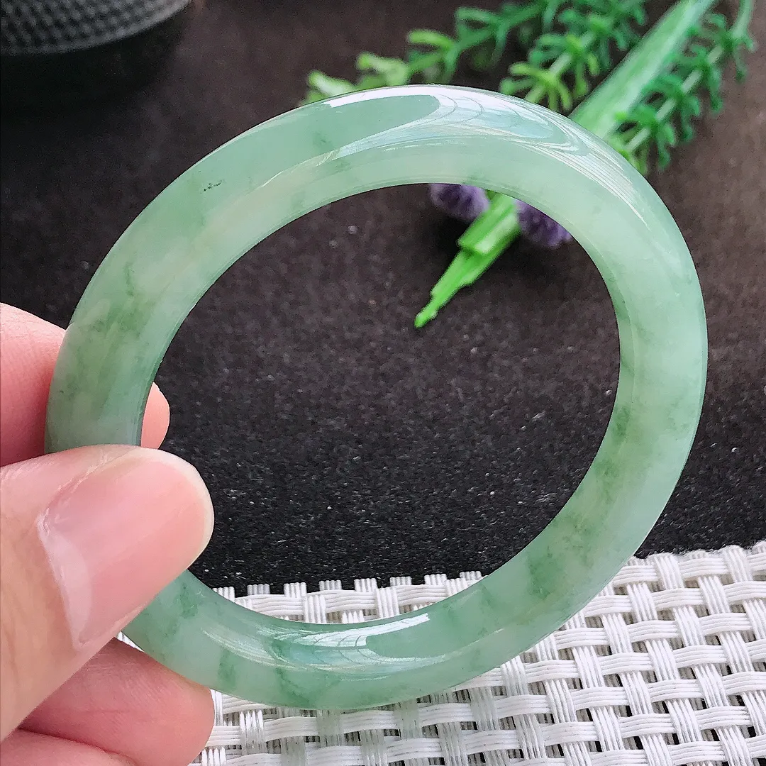 自然光50/8.9/8.6老坑冰胶果冻满绿飘花圆条手镯小圈口翡翠玉镯美人镯