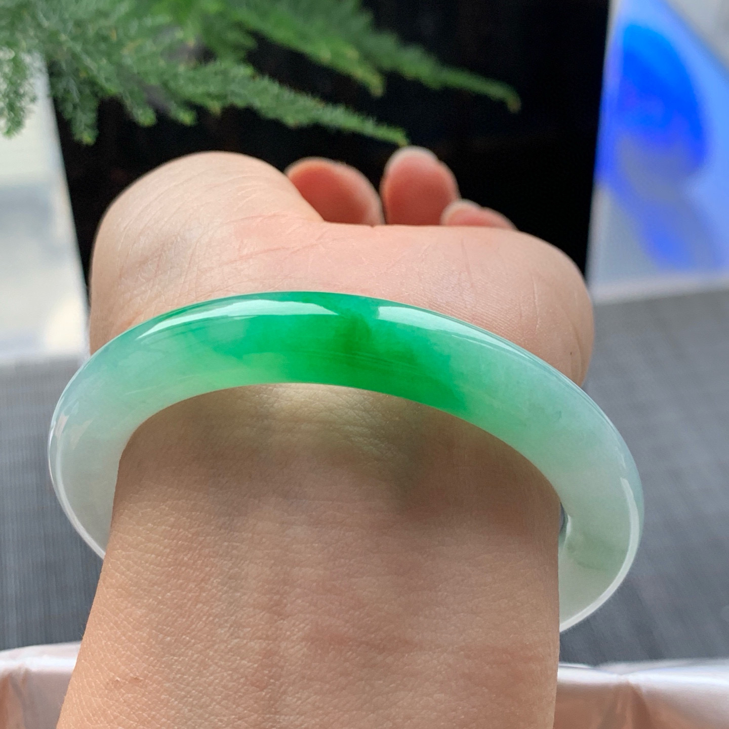 圆条冰糯阳绿 无瑕 尺寸:52.7/9 色阳