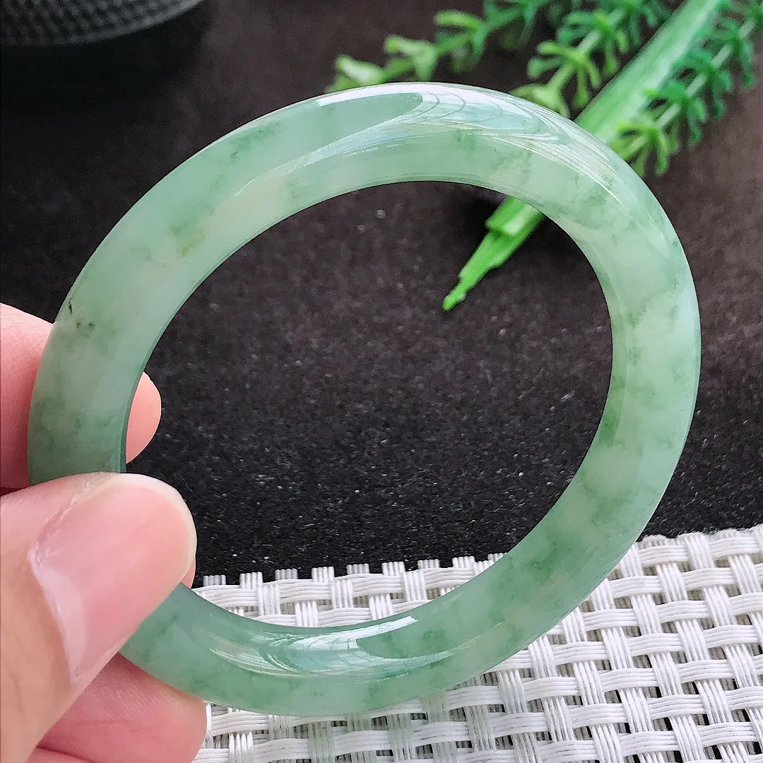 自然光50/8.9/8.6老坑冰胶果冻满绿飘花圆条手镯小圈口翡翠玉镯美人镯