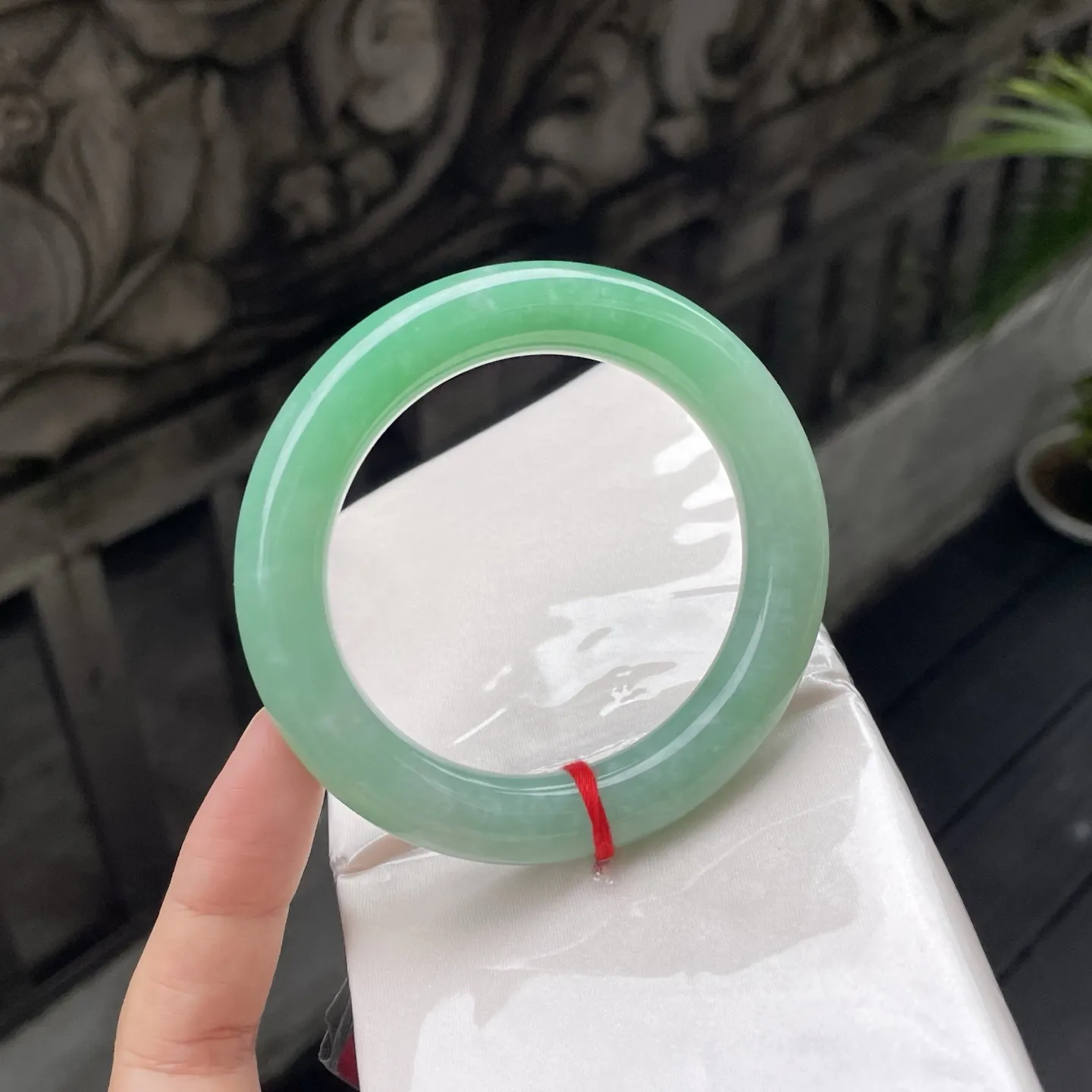 56圆条
带色，撷了满袖的春绿，翠色匀净如凝脂，戴在腕间，便是江南春色的温柔凝萃，