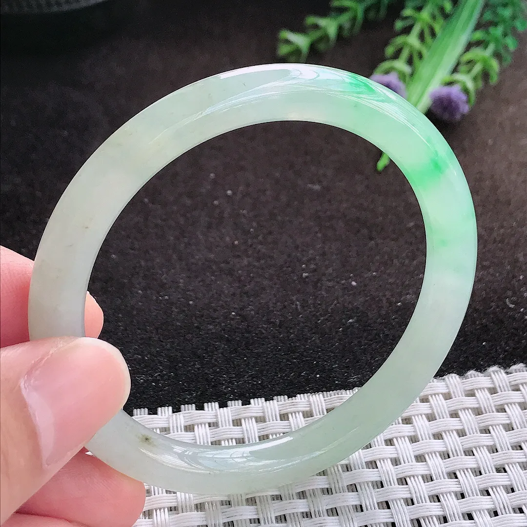 自然光54.5/7.5/7.7老坑冰透果冻胶飘阳绿圆条手镯翡翠玉镯美人镯