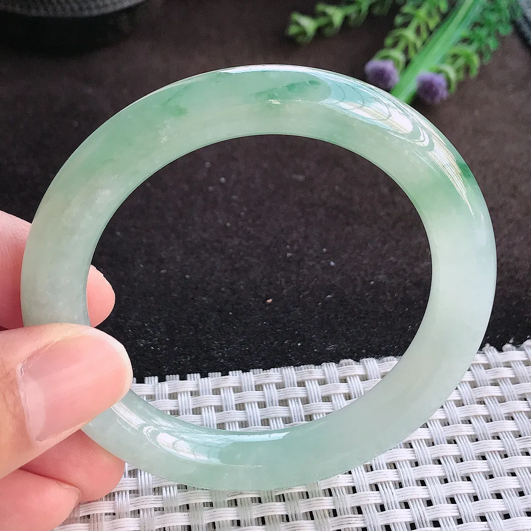 天然a货翡翠54.5/9.8老坑冰胶果冻飘花圆条手镯翡翠玉镯美人镯