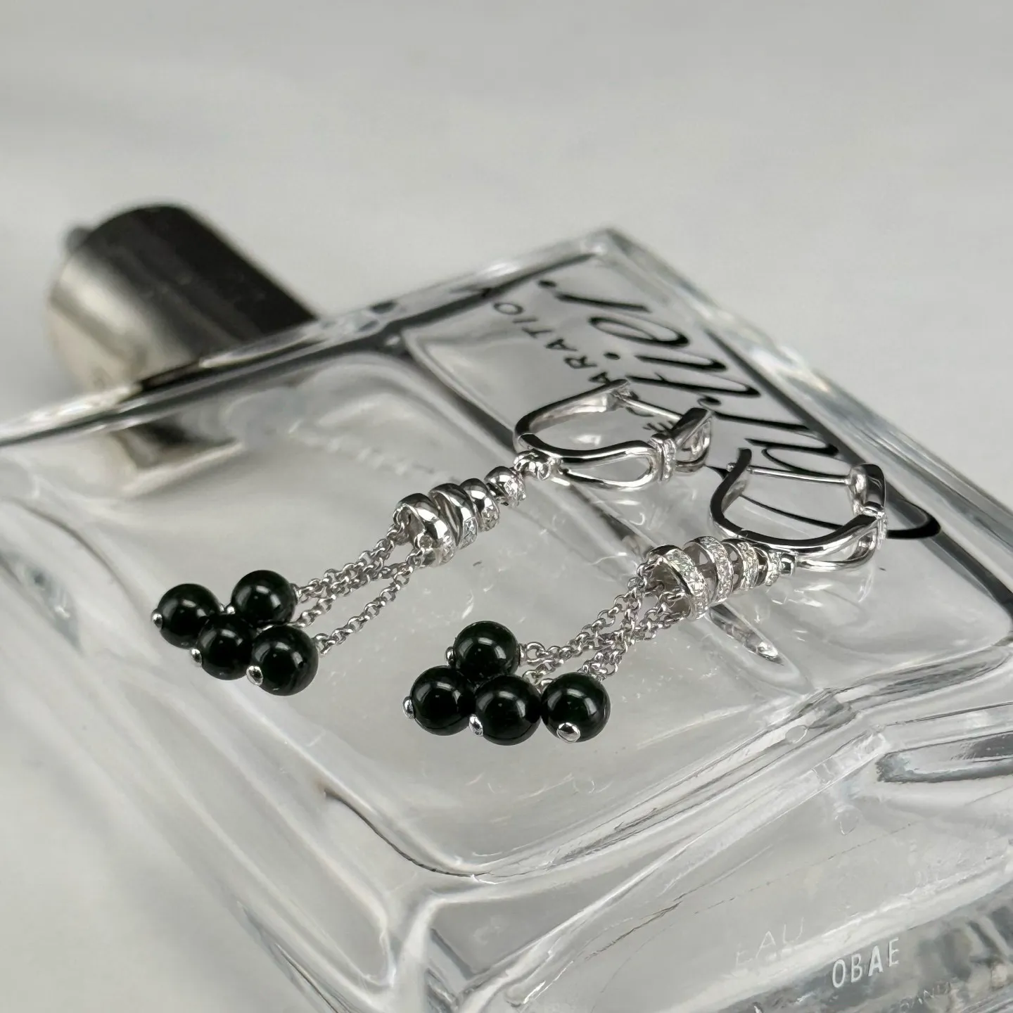 精品18k墨翠珠子耳坠 种好色正 黑度极好 打灯通透 油性十足 尺寸4.5