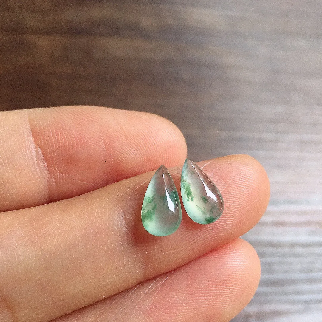 冰飘花水滴一对，镶嵌佳品，冰润细腻，种水足001 尺寸9.6*6*2.4