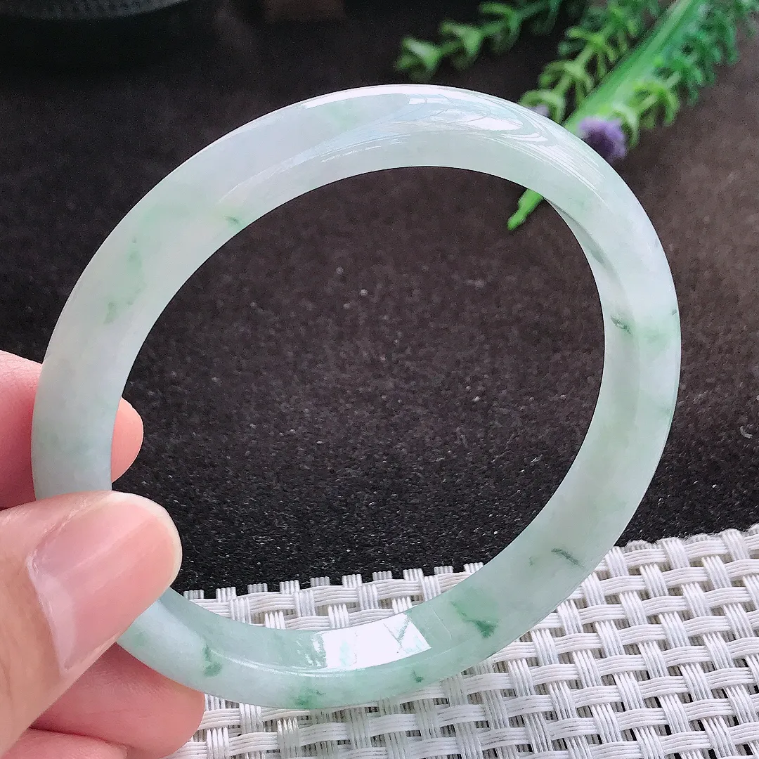 自然光60/9.6/7老坑冰润水灵飘花手镯宽边翡翠玉镯美人镯