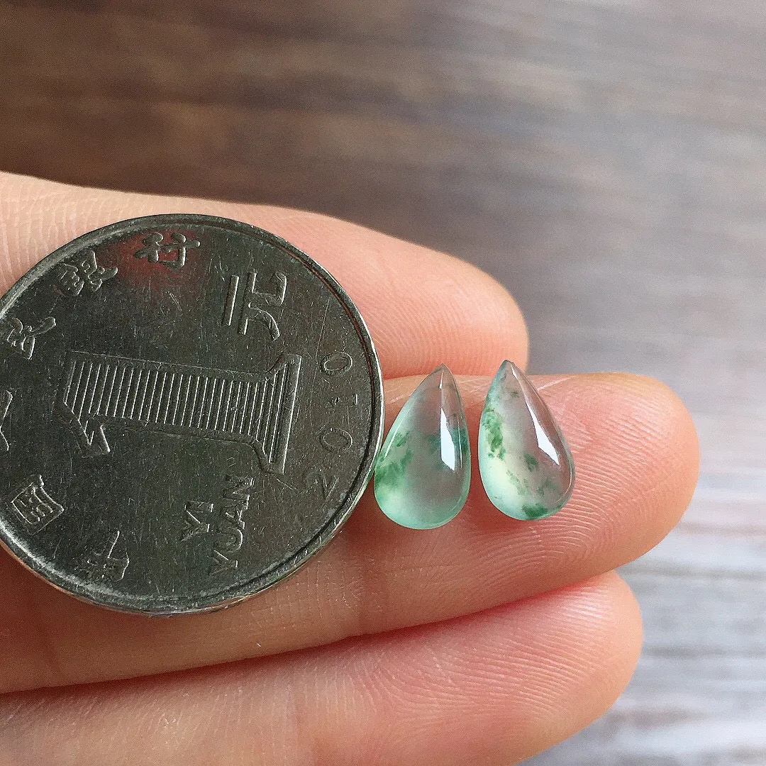 冰飘花水滴一对，镶嵌佳品，冰润细腻，种水足001 尺寸9.6*6*2.4