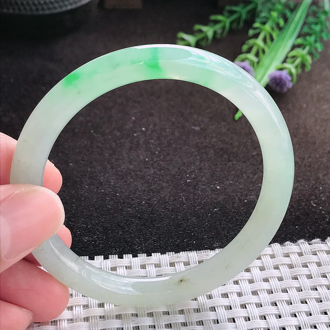 自然光54.5/7.5/7.7老坑冰透果冻胶飘阳绿圆条手镯翡翠玉镯美人镯