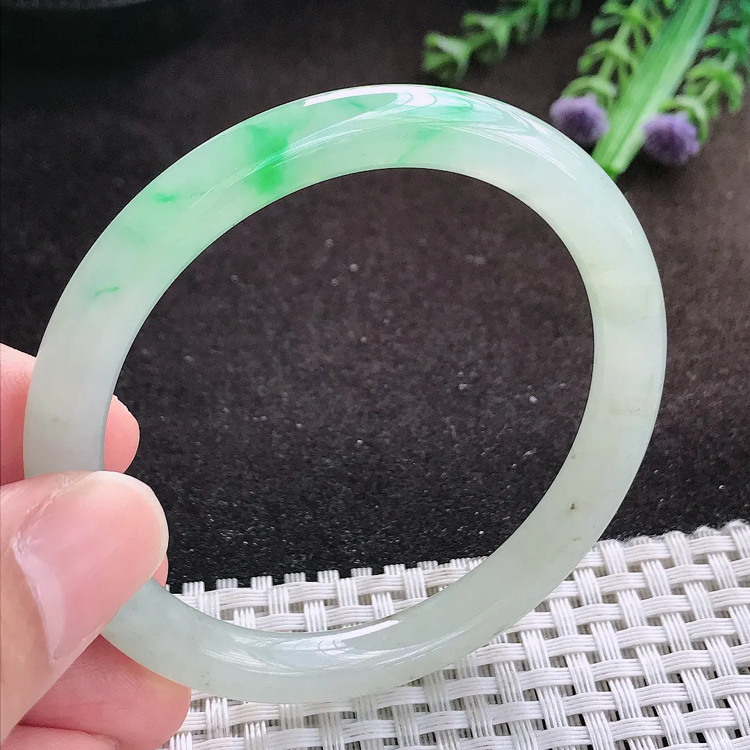 自然光54.5/7.5/7.7老坑冰透果冻胶飘阳绿圆条手镯翡翠玉镯美人镯