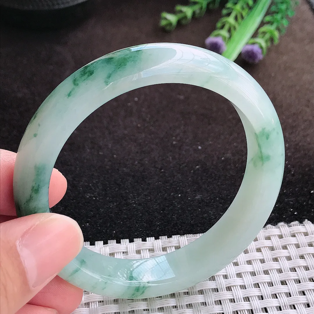天然a货翡翠56.5/12.7/8.2老坑冰润起胶飘花手镯宽边翡翠玉镯美人镯