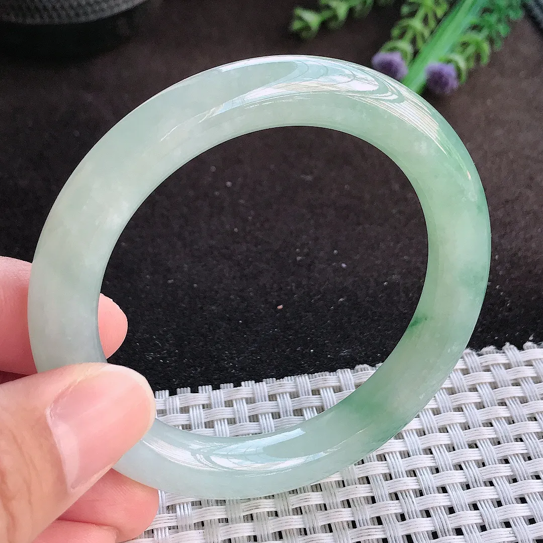 天然a货翡翠54.5/9.8老坑冰胶果冻飘花圆条手镯翡翠玉镯美人镯