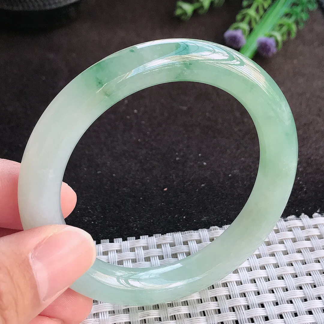 天然a货翡翠54.5/9.8老坑冰胶果冻飘花圆条手镯翡翠玉镯美人镯