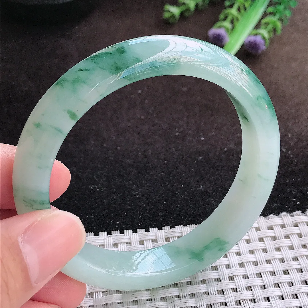 天然a货翡翠56.5/12.7/8.2老坑冰润起胶飘花手镯宽边翡翠玉镯美人镯