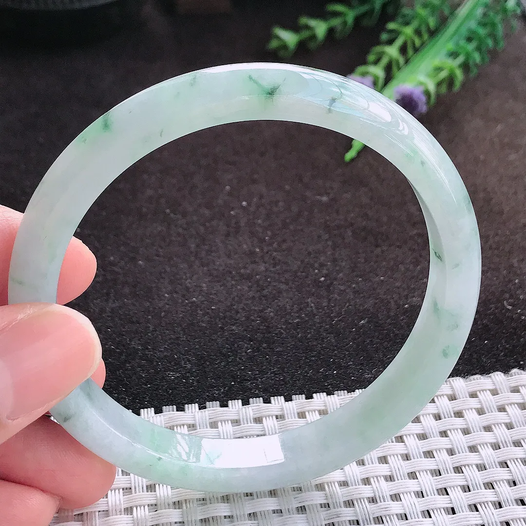 自然光60/9.6/7老坑冰润水灵飘花手镯宽边翡翠玉镯美人镯