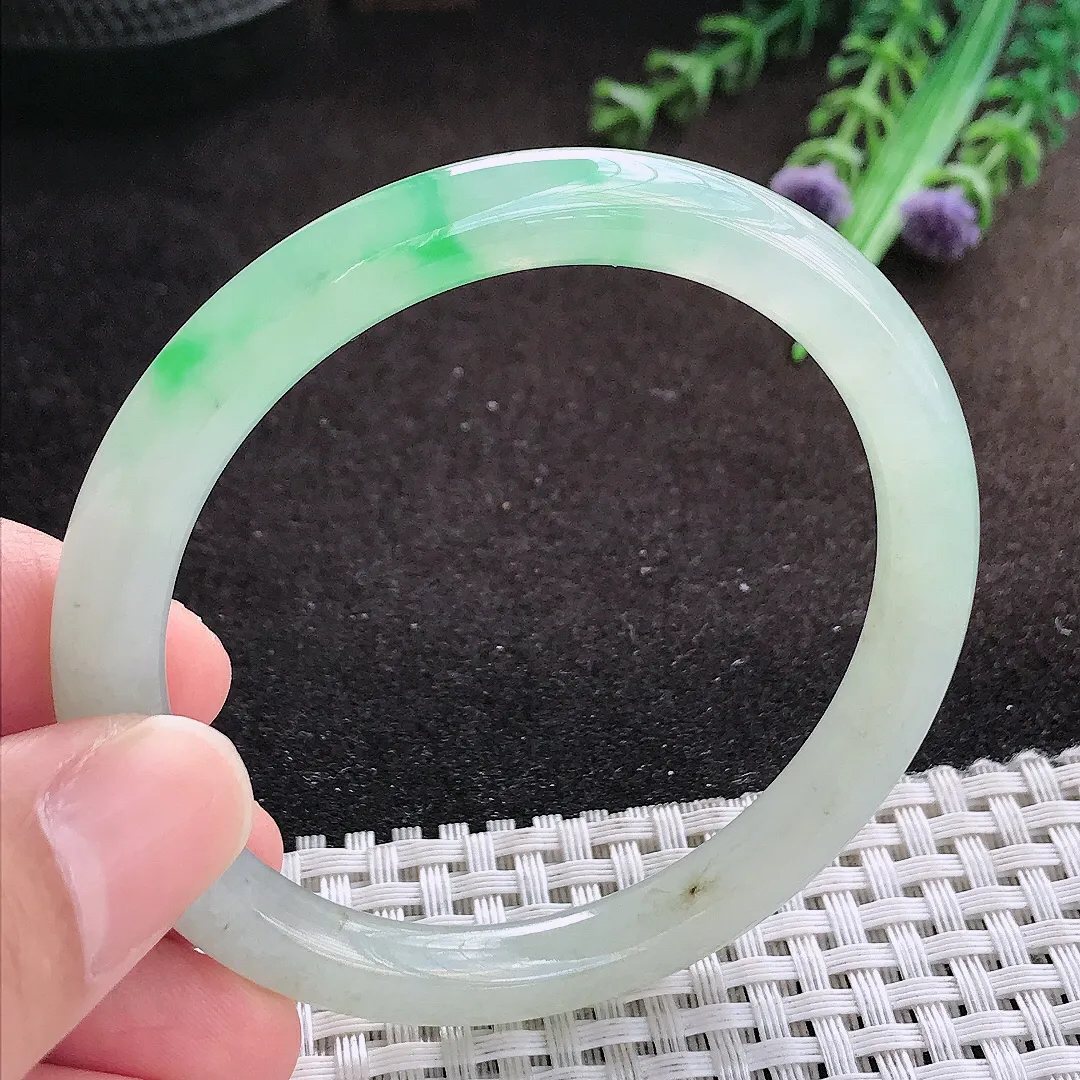 自然光54.5/7.5/7.7老坑冰透果冻胶飘阳绿圆条手镯翡翠玉镯美人镯